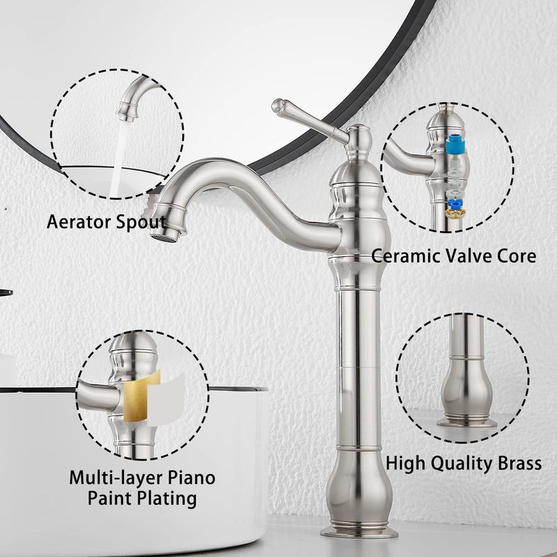 GGStudy 360Â° Swivel Single Handle One Hole Bathroom Vessel Sink Faucet Matching Pop Up Drain Without Overflow Brushed Nickel - Image 4